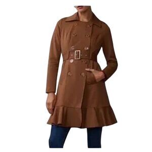 New York & Company Brown Double-Breasted Belted Trench Coat Ruffle Hem Womens XL